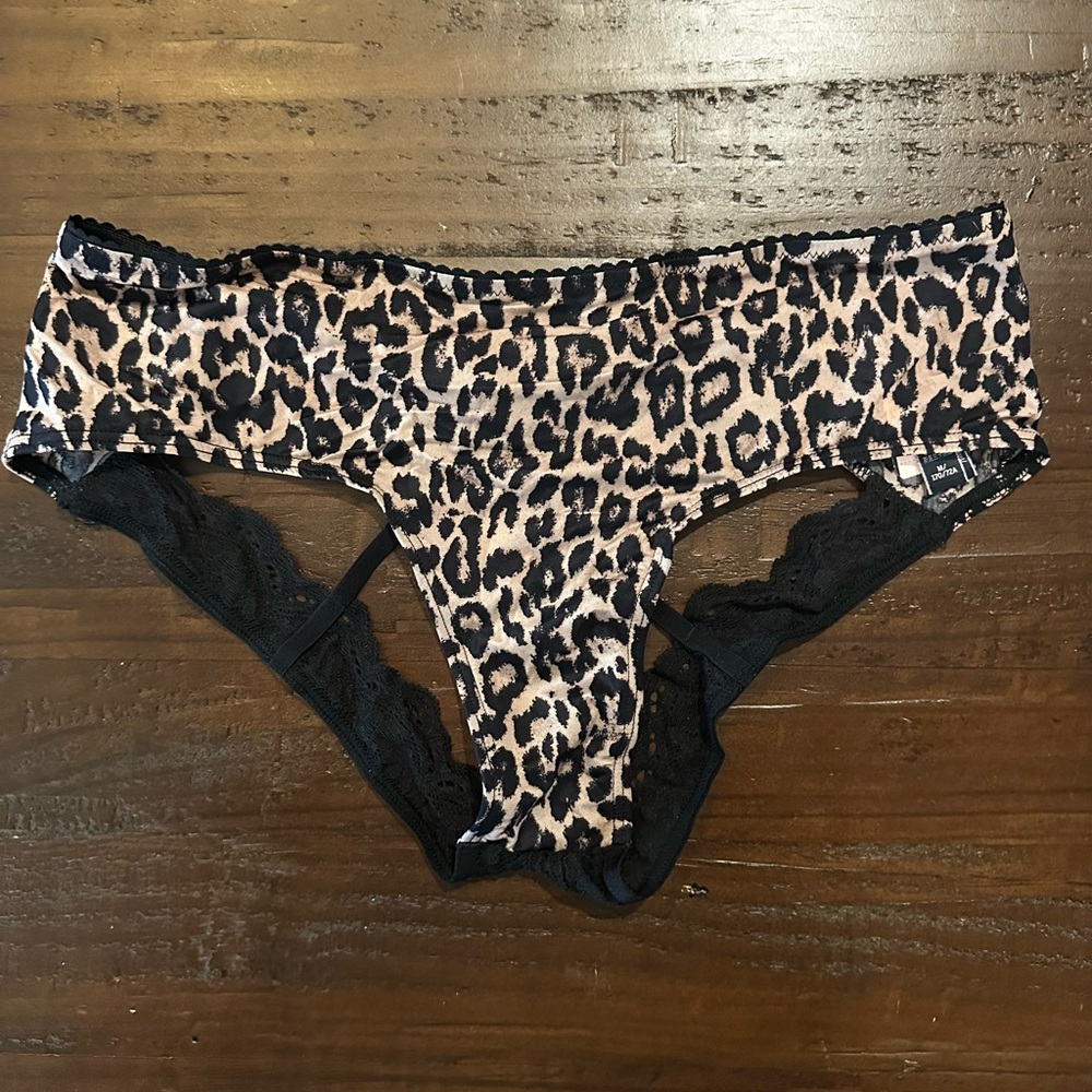 Victoria's Secret Leopard Print Satin & Lace Open-Back Panties NWT
